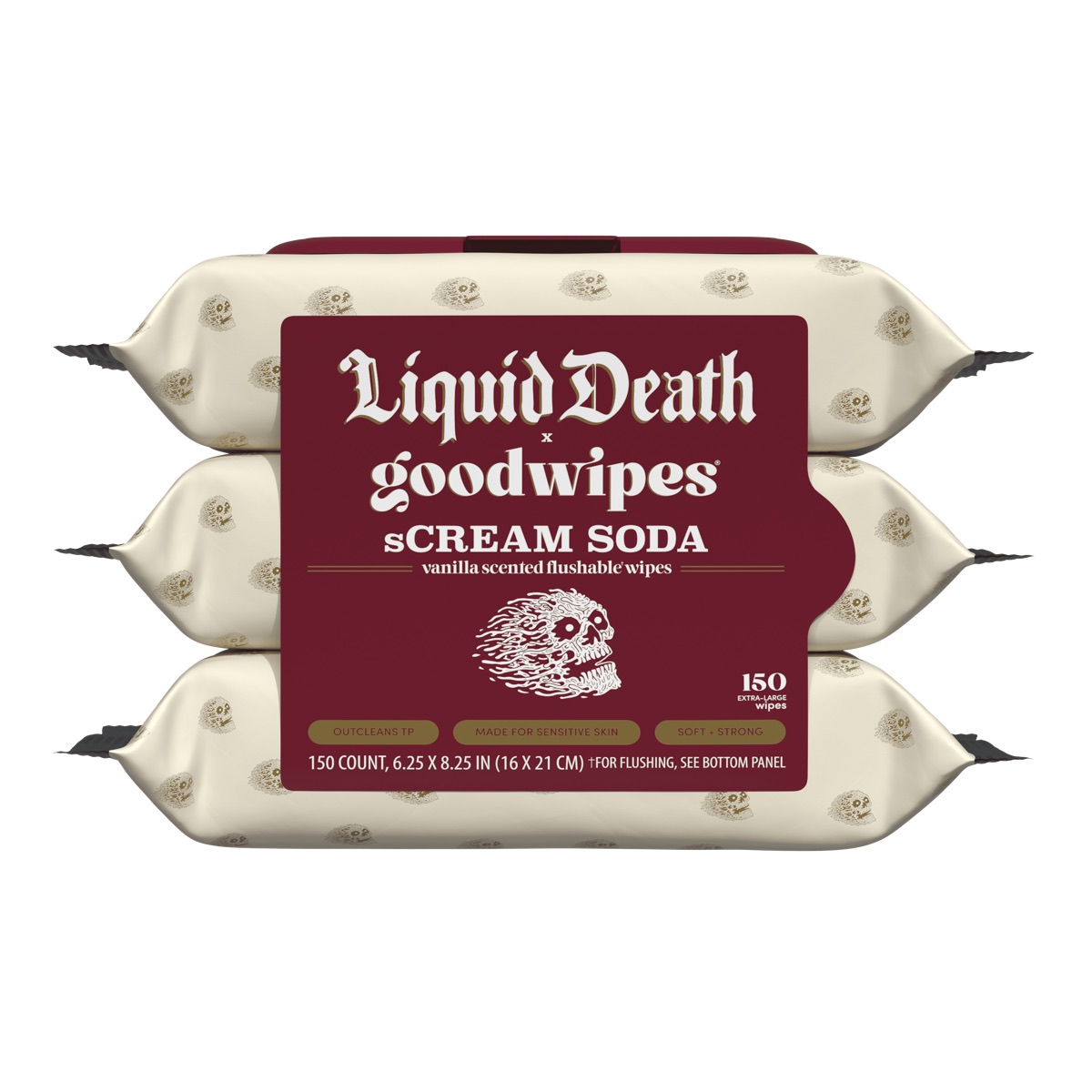 Liquid Death x goodwipes sCream Soda scented flushable wipes packaging