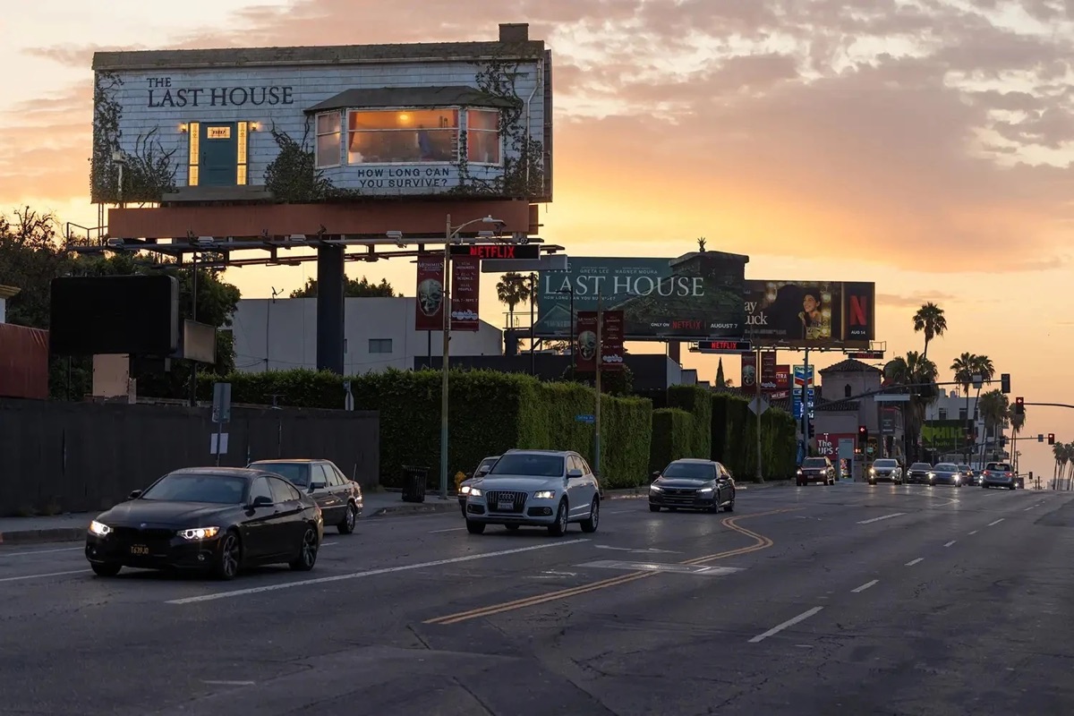 Netflix billboard on Sunset Boulevard with a furnished room built into it